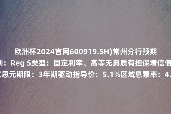 欧洲杯2024官网600919.SH)常州分行预期刊行评级：无评级发见轨则：Reg S类型：固定利率、高等无典质有担保增信债券限度：5500万好意思元期限：3年期驱动指导价：5.1%区域息票率：4.8%收益率：4.8%刊行价钱：100交割日：2024年10月22日到期日：2027年10月22日资金用途：用于偿还现存离岸债务截止权变更回售：100%其他条目：MOX澳交所上市;最小面额/增量为20万好